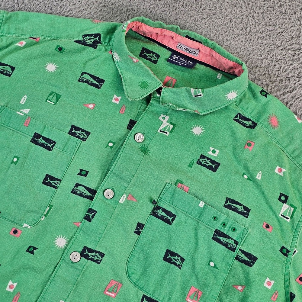 Columbia PFG Shirt Mens XL Green Nautical Fishing Short Sleeve Button Up Linen